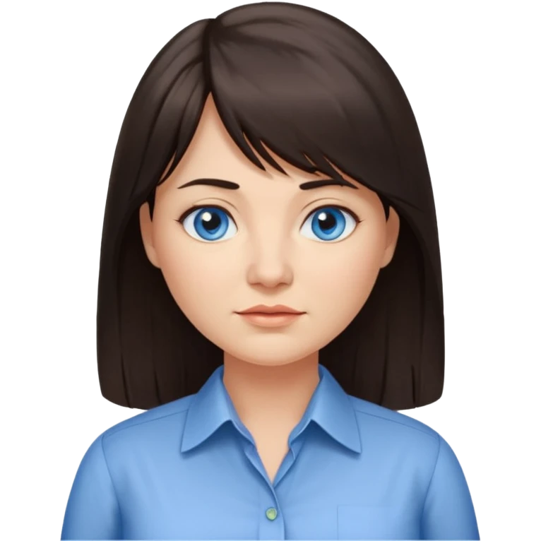 40 yr old woman, blue eyes, long straight dark brown hair, business shirt, chubby, bangs, long hair emoji