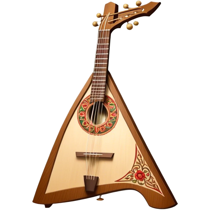 Create a refined and traditional emoji representing the 'Prima' balalaika produced by the company 'ПКМИ фонда П.И. Чайковского'. The design should feature the distinctive triangular shape of the balalaika, with visible strings and a beautifully crafted wooden body. Add subtle details like a decorative rosette or pick to emphasize the craftsmanship. Use warm wood tones, like rich browns and honey shades, to highlight the traditional and premium nature of the instrument. The background should be transparent. emoji