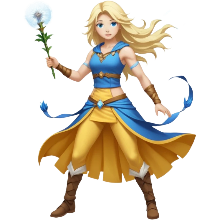 full body woman long blonde hair blue eyes white skin muscular build dandelion wind summoner emoji