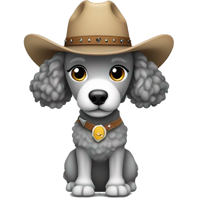 Grey poodle standing with cowboy hat mini skirt and cowgirl boots emoji