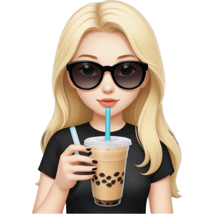 Blonde girl with pale skin and long hair with black sunglasses in black shirt and boba tea emoji