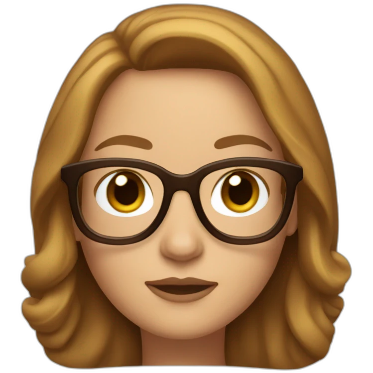A classic Apple Memoji of a woman with long brown hair, brown eyes and golden frame glasses emoji