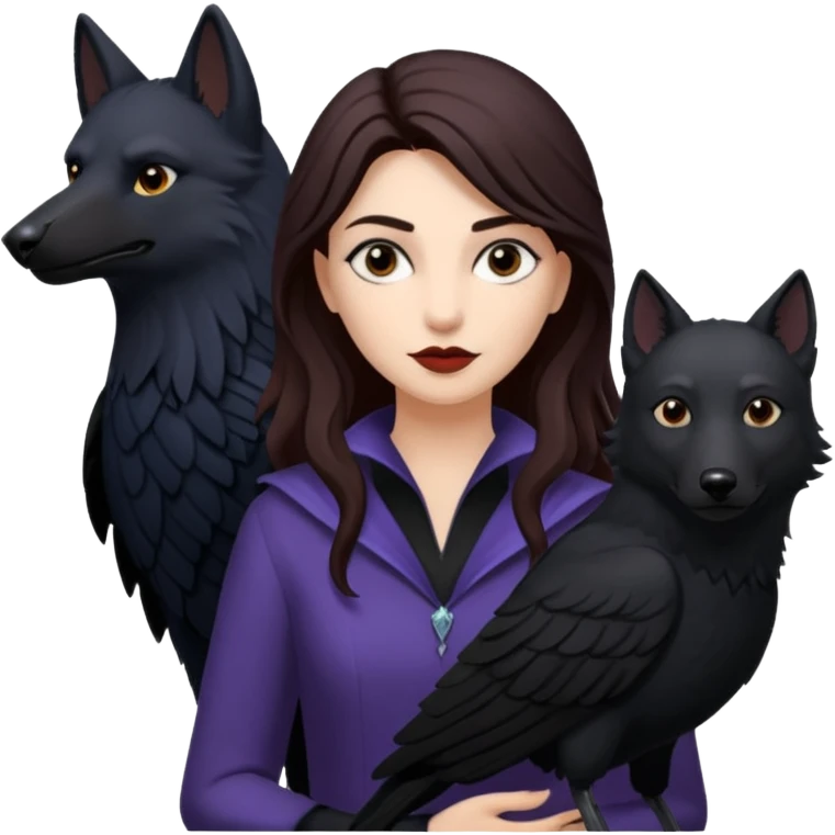 Alysanne Blackwood from Game of Thrones. She is known as black aly and is the Wife of Cregan Stark. I have her looking like Hande Erçel. Show her with a raven and a wolf emoji