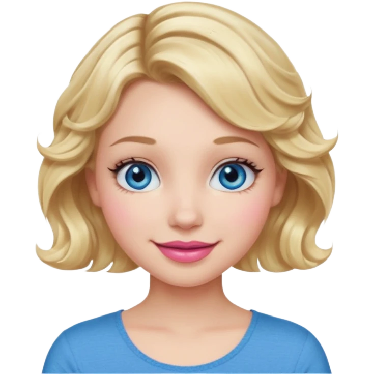 Girl Blonde short wavy hair,  blue eyes, cute blue top, long lashes, pink lips, 👄 smiling  emoji