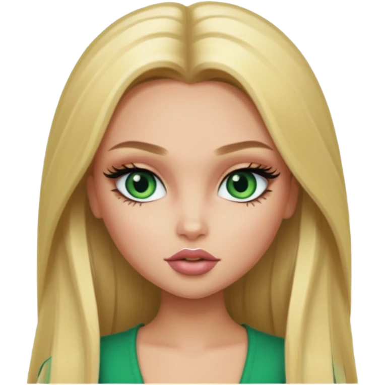pretty bratz baddie, long blonde straight hair, pretty makeup, long lashes, green ey emoji