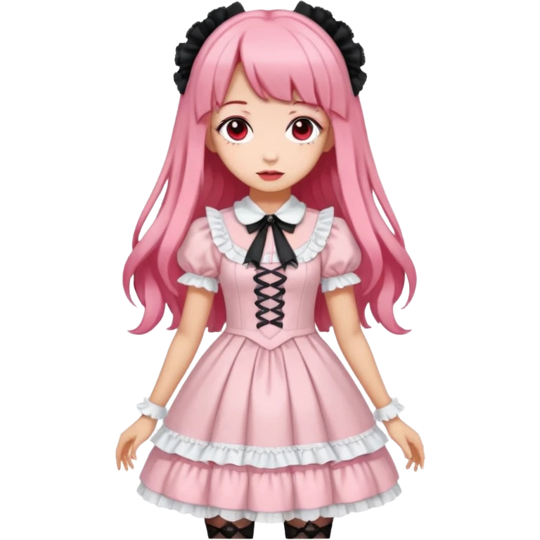 Vestido rosa pastel y white gothic lolita, cuerpo completo, color de piel morena, pelo largo, pelo de color rojo y negro emoji