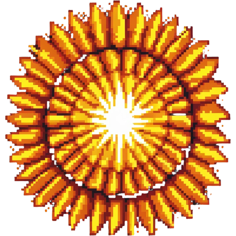 Bomberman explosion center tile, bright fiery explosion core with yellows and oranges radiating from center, circular explosion pattern, clean pixel art edges, slight transparency at edges emoji