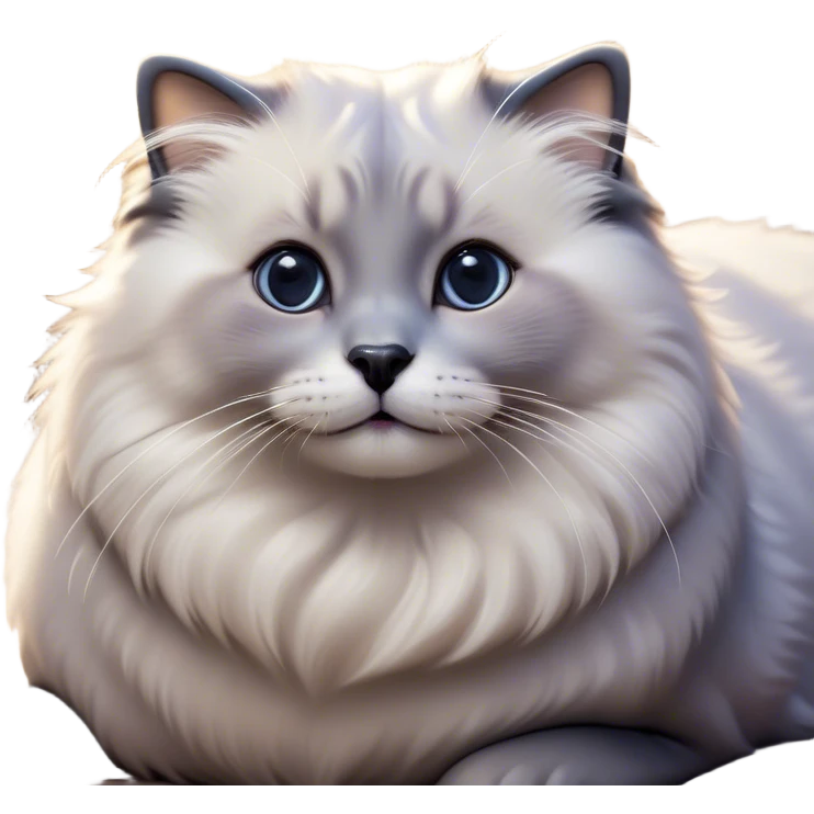 Cinematic Adorable Fluffy Grey Seal Ragdoll Cat Portrait Emoji, Head tilted cutely with big, sparkling eyes, soft grey fur with darker seal points on the ears, face, and paws, Simplified yet irresistibly adorable features, highly detailed, glowing with a soft, warm glow, high shine, affectionate and playful, stylized with a touch of whimsy, bright and endearing, soft glowing outline, capturing the essence of a curious and loving kitten, so cute it feels like it could leap out of the screen and snuggle up for a cuddle! emoji