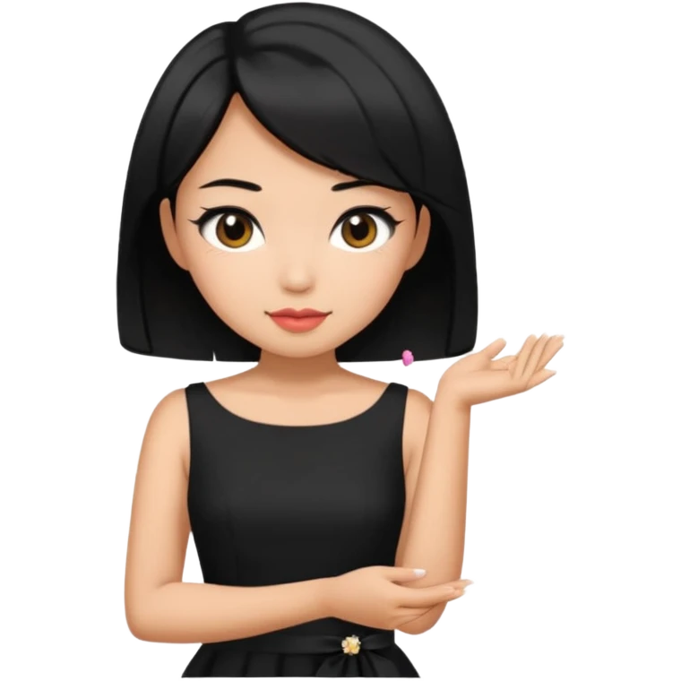 asian black short shoulder length hair tanned woman, black dress girly things emoji
