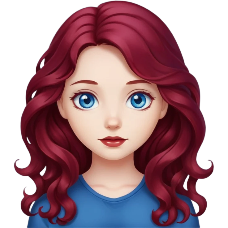 dark cherry red hair, wavy hair, long hair, blue eyes, cute girl emoji