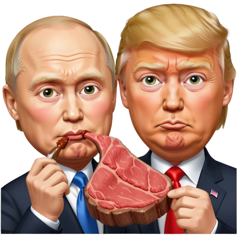 photorealistic Donald Trump and Putin eating a steak shaped like an piece of land emoji