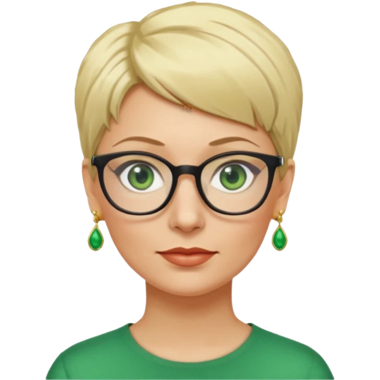 femme 40 ans lunettes cheveux très courts blonde anneaux oreilles yeux verts emoji