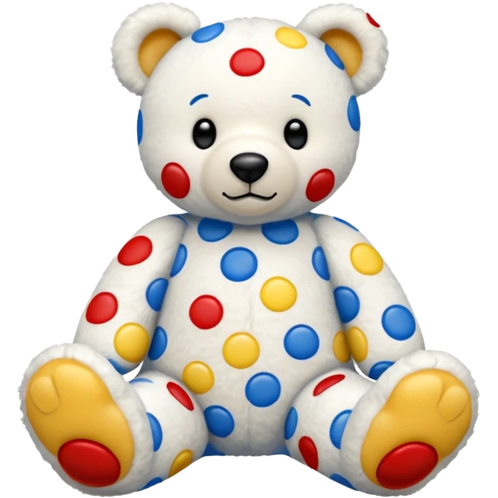 White teddy bear covered with blue, red and yellow spots and square dots on the feet emoji
