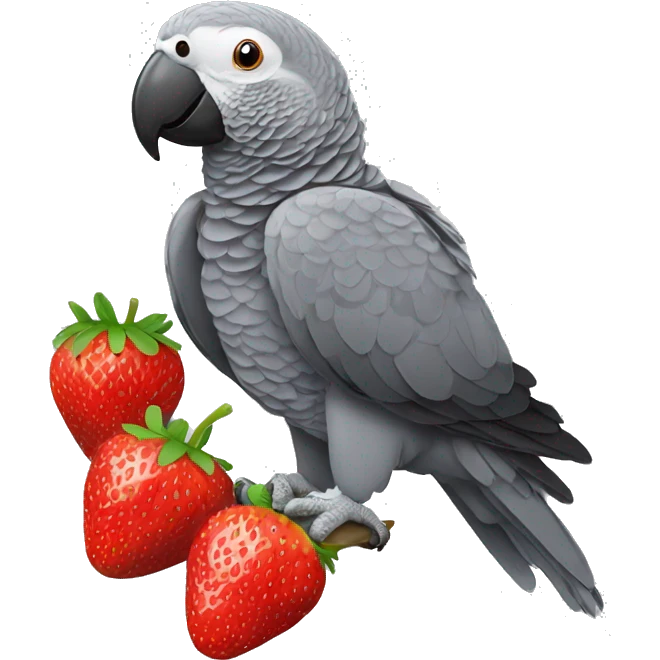 African grey parrot eating a red strawberry emoji