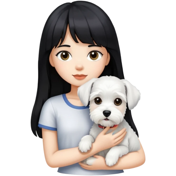 Girl with long black hair and bangs holding a white schnauzer dog emoji