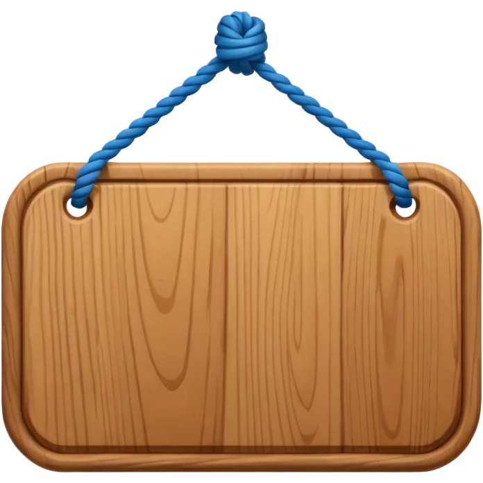 3D cartoon style wooden hanging signboard, smooth polished wood texture, rounded edges, detailed wood grain, thick twisted ropes going through holes on both sides, hanging rope knots visible emoji