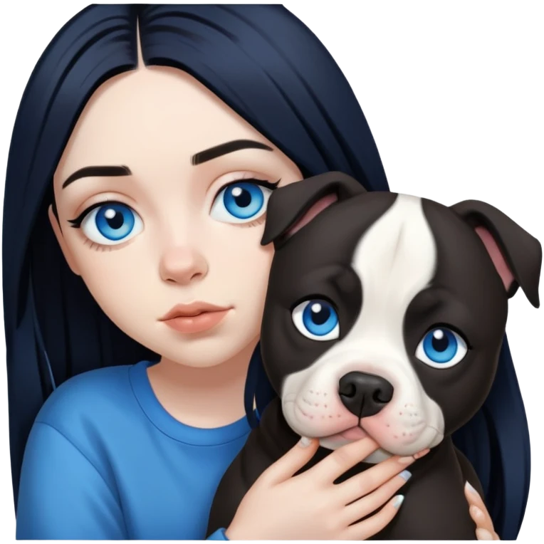 billie eilish, blue eyes, long black hair, dark eyeliner makeup, holding pitbull dog emoji