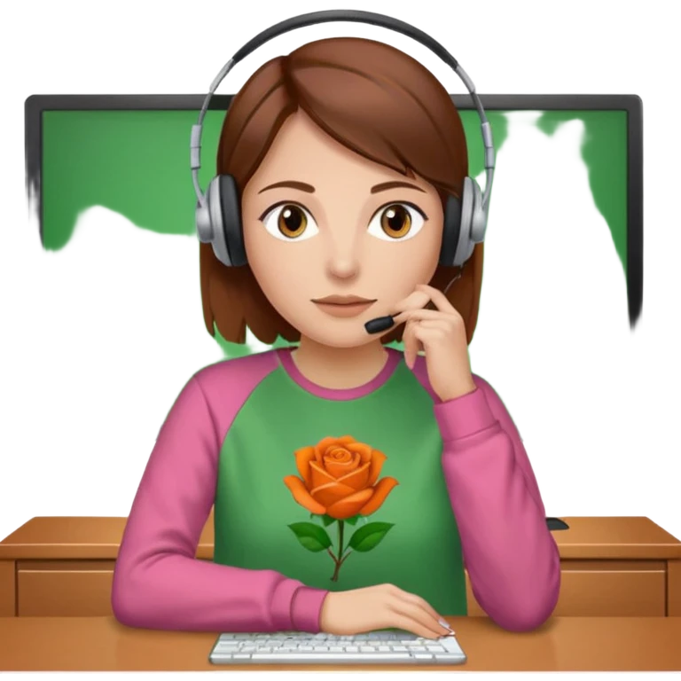 woman, brown hair, middle european, wearing a headset and rose sweatshirt. sitting in the office. she is controling limits on screen: green = ok, orange = bald überschritten, re = limite überschritten emoji