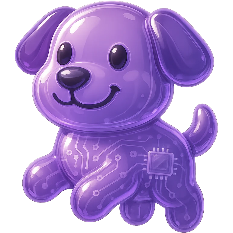 a smiling cartoon dog in glossy circuit style emoji