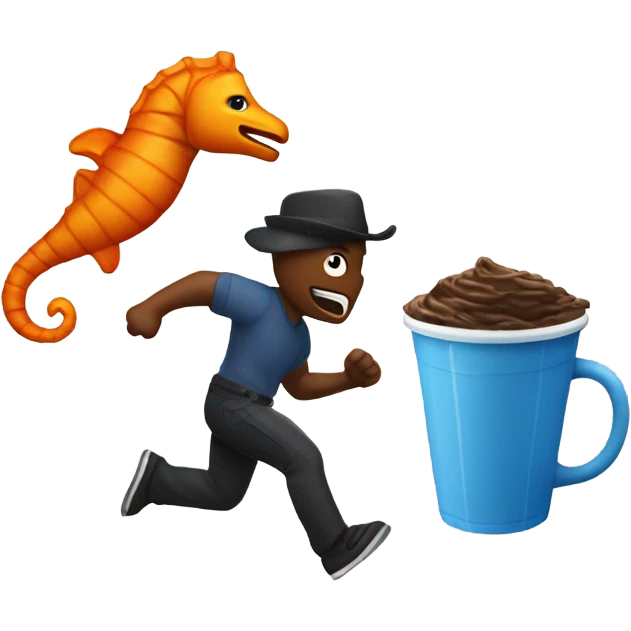 Robbers chasing a blue milkshake and a orange seahorsw emoji