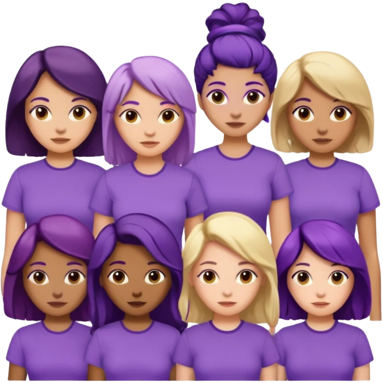 women with various hair types and skin tones, purple shirt, one of each type in a group emoji