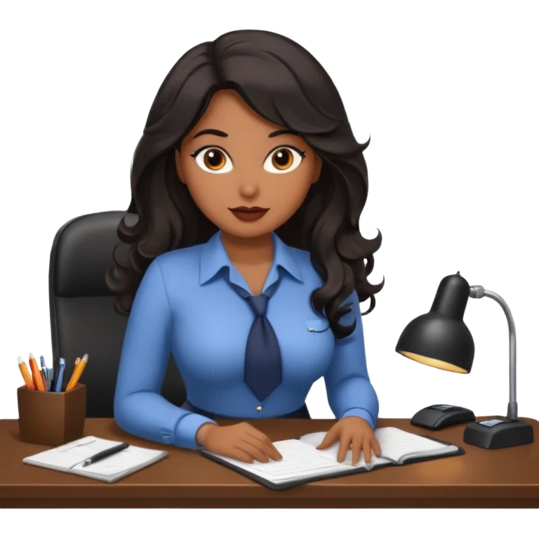 Curvy woman with brown skin with long wavy black hair, brown eyes. She's dressed as a sexy secretary sat on a desk emoji