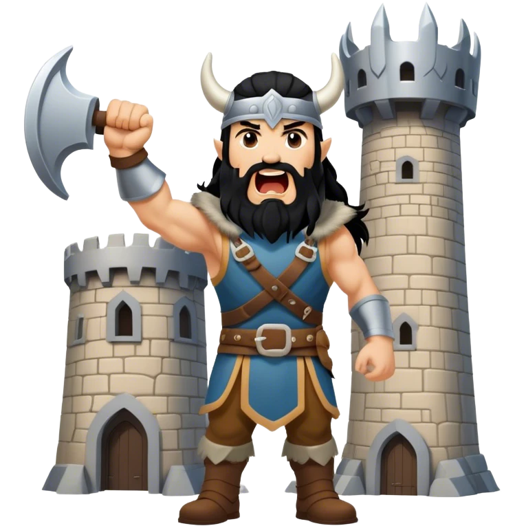 vikingo con armadura de Asgard, pelo negro ondulado, de pie, grito de guerra en torre de Asgard. emoji