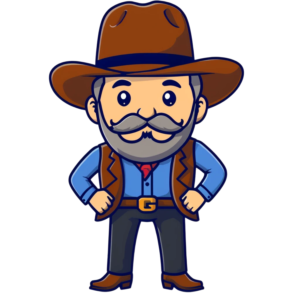 Dutch van der Linde from Red Dead Redemption 2, older man with mustache and beard, cowboy hat, suit, western gang leader emoji