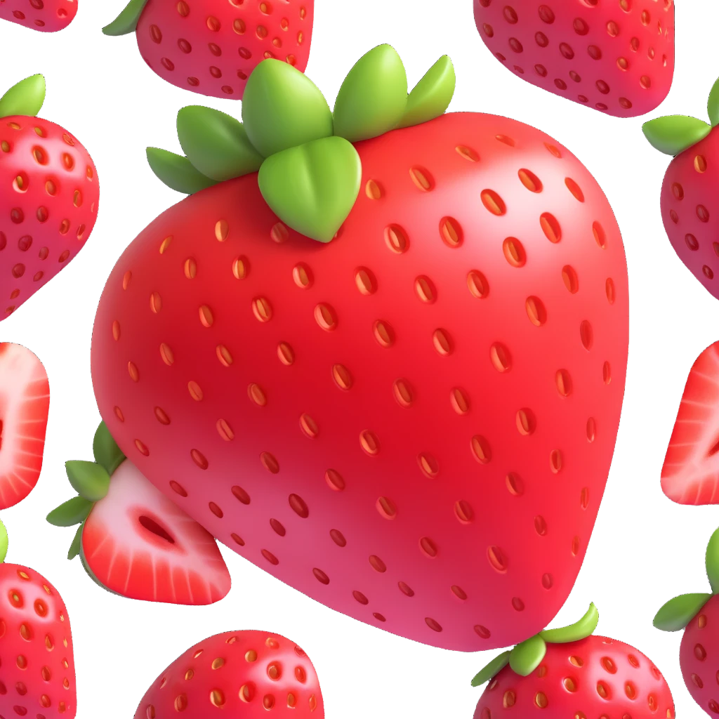 Red whole and sliced strawberry in iOS 3D style with bright colors, soft shadows, glossy highlights, realistic 3D form, smooth gradients, modern look, no background. emoji