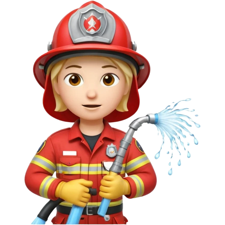 A 3D Apple-style emoji character dressed as a firefighter in a bright red uniform and helmet, holding a fire hose spraying water forward, determined expression with cartoonish eyes, water splashing effect, clean minimal background emoji