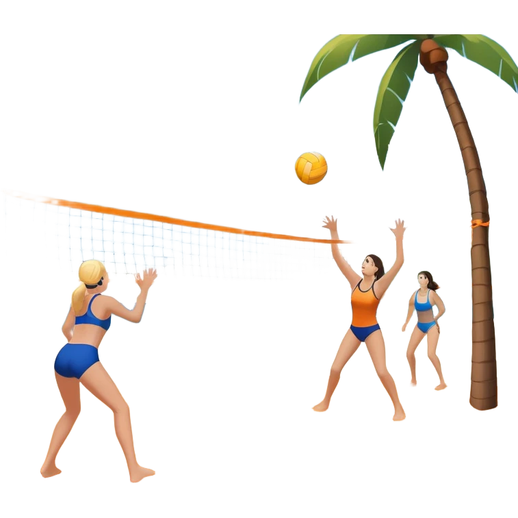 A volleyball resting on the orange sand of a beach, with a volleyball net in the background. The scene includes a beautiful beach landscape with blue sea, sky, and palm trees, while a couple of women in swimsuits play in the distance, capturing the relaxed yet competitive vibe of beach volleyball. emoji