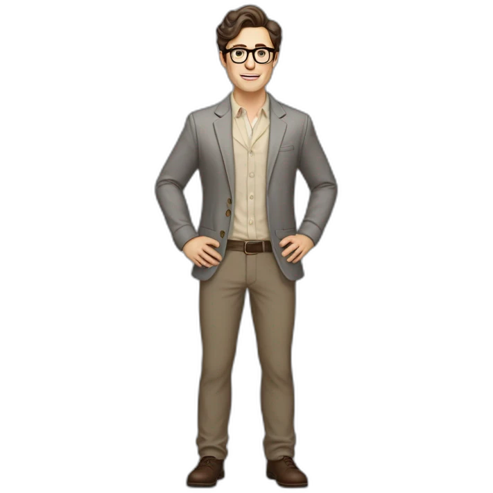Full height Pale skinned Fit Man With dark brown hair in gray classic jacket, beige office shirt, Brown pants and vintage glasses. Thrumbs of his palms upwards emoji