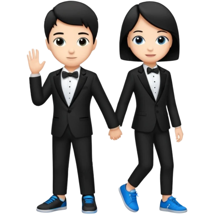 generate a pretty bratz fair skinned boy with short black hair wearing a black tux with blue sneakers with a girl emoji