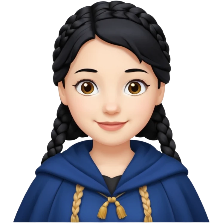 braid black hair, white girl, dark blue cloak, happy smile emoji