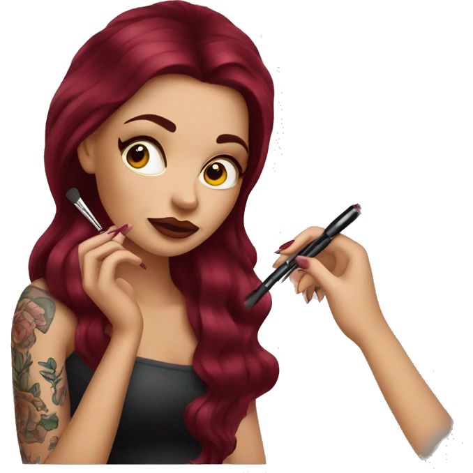 Beautiful tattooed burgundy long haired woman doing her makeup emoji