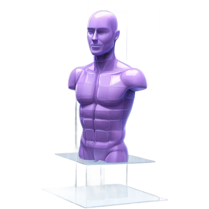 male mannequin abs cubes inside a glass cube on a stand isometric view emoji