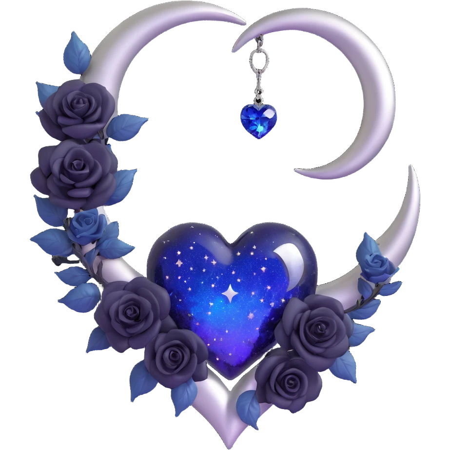 gothic heart, midnight blue glass, silver crescent moon, tiny black roses, shimmering stardust, holographic shimmer effect emoji