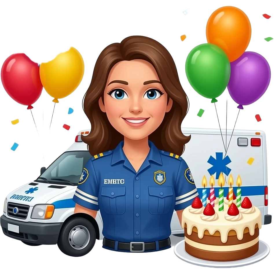 Complex birthday wishes emoji with balloons, a birthday cake and confettis For a woman who loves working as an EMT on ambulance emoji