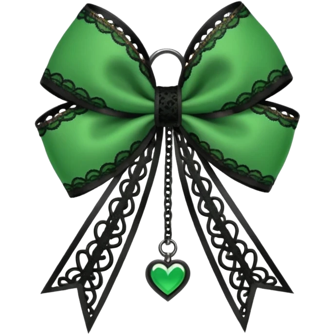 green gothic bow with black lace trim and heart charm, remove background emoji