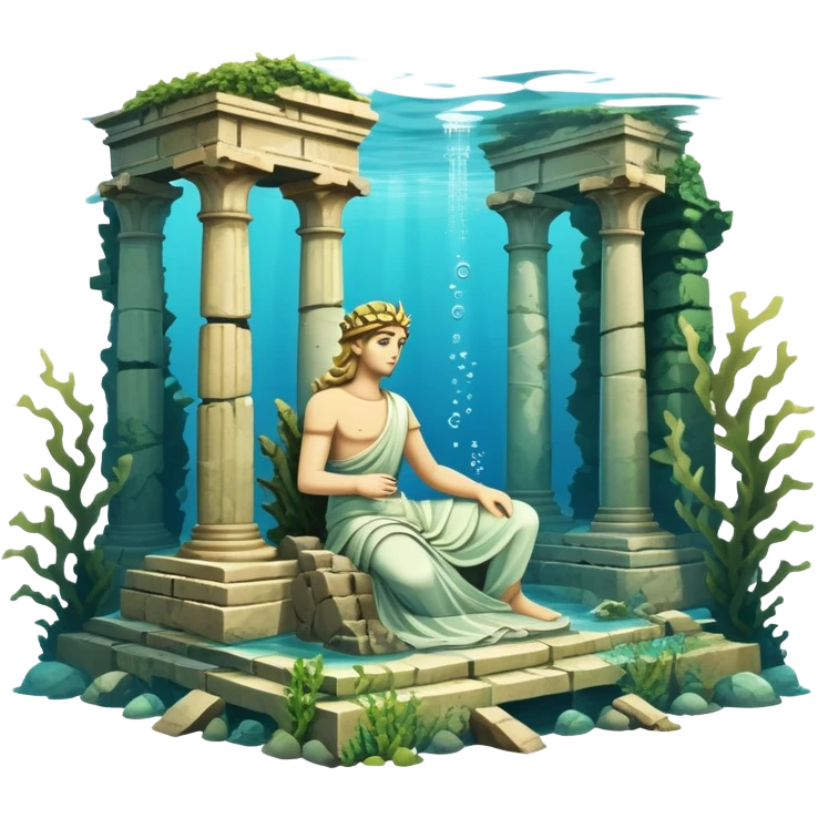 Simple Atlantis underwater ruins with a large sunken statue, fallen columns, broken domes, ancient Greek-style statue partially broken emoji