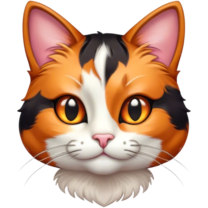 Cinematic Cute Calico Cat Portrait Emoji, Head tilted playfully with sparkling, inquisitive eyes and a charming patchwork fur of orange, black, and white, simplified yet irresistibly adorable, highly detailed, glowing with a warm, inviting glow, high shine, bubbly and affectionate, styled with a touch of whimsical feline charm, soft glowing outline, capturing the essence of a delightfully cute calico cat that looks as if it could prance off the screen into your heart! emoji