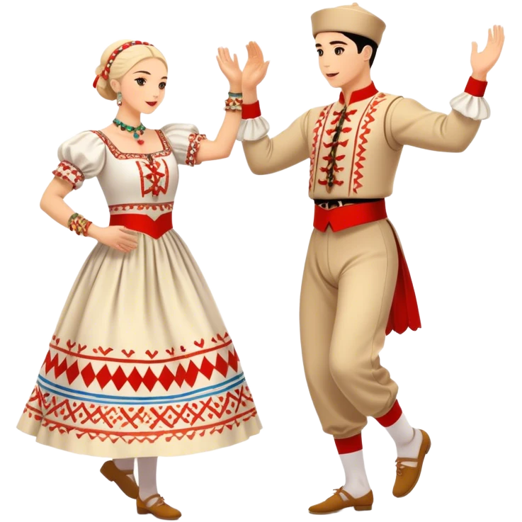 Cinematic Realistic scene of two performers engaging in the Croatian Linđo folk dance, adorned in vibrant traditional costumes with intricate patterns and accessories, captured in graceful, synchronized motion under festive natural lighting. emoji