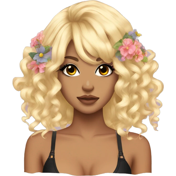 Gyaru girl with dramatic lashes, flower in hair, and curly blonde hair emoji