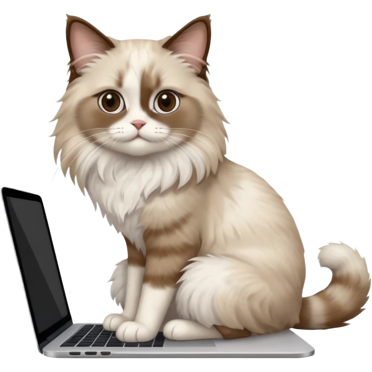 Cute ragdoll cat on a laptop. Should sit on top of the laptop, cat is way bigger than the laptop. Could walk on the laptop or sit. I liked the first one but remove the blue on the cat emoji
