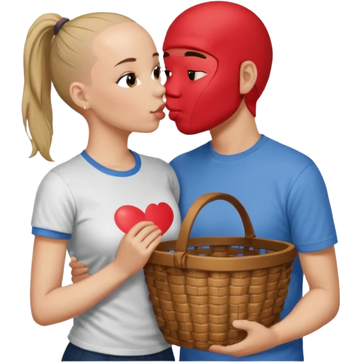 Bald boy with basket t-shirt kissing a brunette girl who has a ponytail emoji