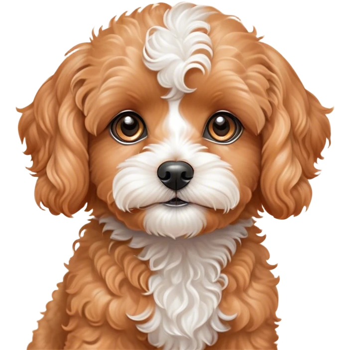Cinematic Cute Apricot Cavoodle Portrait Emoji, Head tilted playfully and inquisitively, with a fluffy curly apricot coat adorned with subtle white patches, round, sparkling brown eyes filled with curiosity, Simplified yet irresistibly adorable features, highly detailed, glowing with a warm, friendly glow, high shine, affectionate and lively, stylized with a touch of whimsy, bright and endearing, soft glowing outline, capturing the essence of a mischievous yet loving companion, so playful it feels like it could bound out of the screen and into your arms! emoji