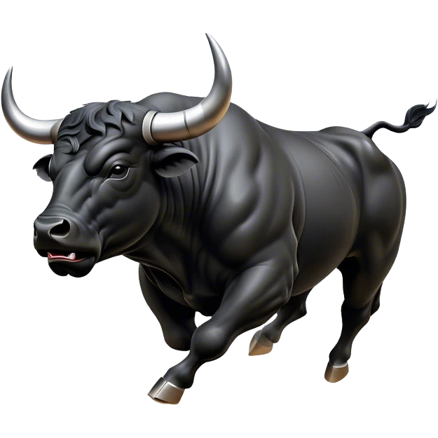 ​Cinematic Realistic Black Charging Bull, depicted in mid-charge with a powerful, muscular form and glossy black hide glistening under dynamic dramatic lighting, dust and motion captured mid-air to exude raw strength and unbridled energy on an expansive arena, emoji