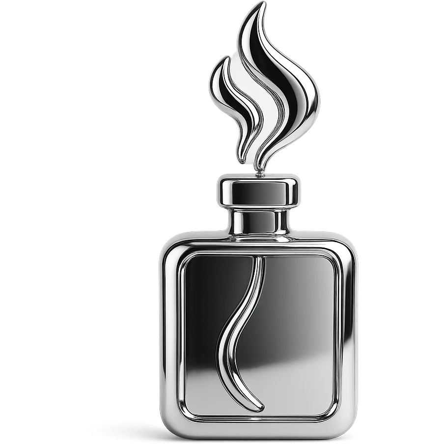 Minimal symbolic icon representing a signature fragrance: abstract vapor or mist emerging from a sleek bottle emoji