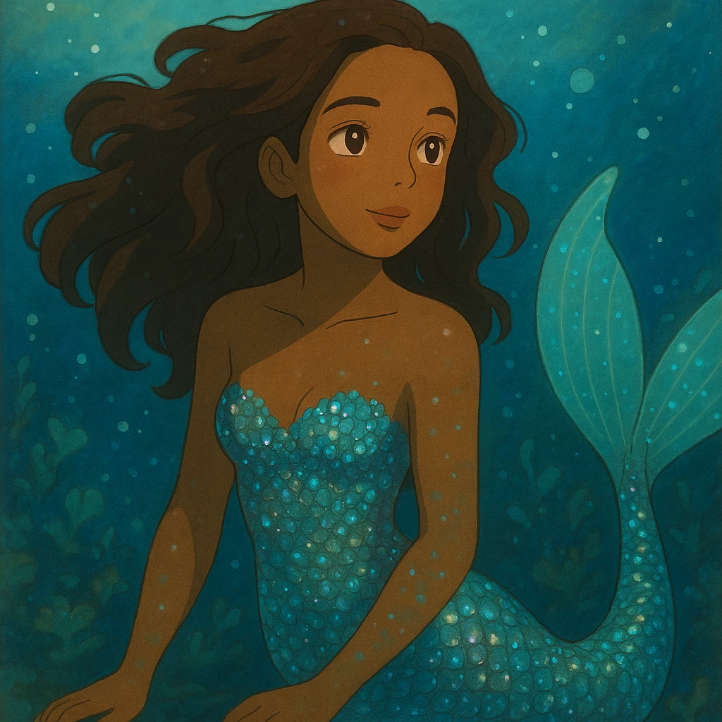 close-up of a mermaid with brown skin, sparkling iridescent scales, dreamy underwater background, ghibli style emoji