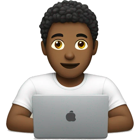 A white young man is sitting at a laptop in a T-shirt emoji